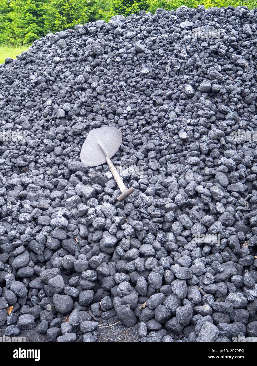 Cumulo di carbone alla stazione del treno a vapore con pale abbandonate in attesa di essere utilizzate al Beamish Museum, contea di Durham, Regno Unito Foto Stock