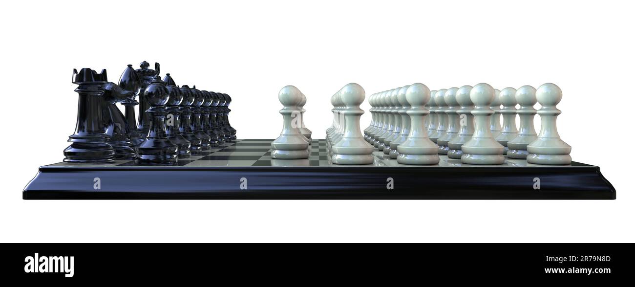 Variante dell'orda di scacchi, 3D illustrazione. Variante asimmetrica a scacchi con un lato con pezzi standard e l'altro lato con 36 pedine. Orde c Foto Stock