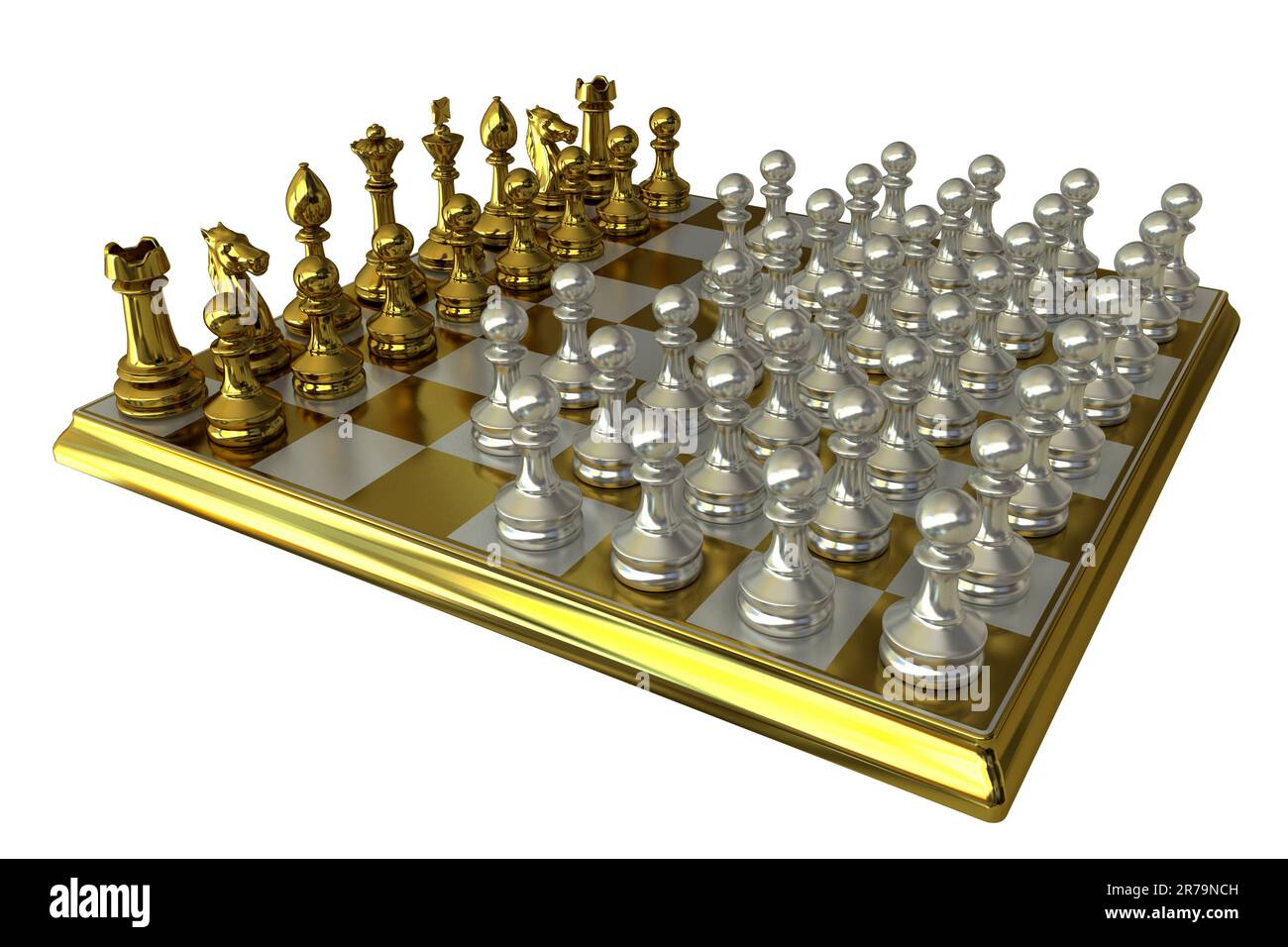 Variante dell'orda di scacchi, 3D illustrazione. Variante asimmetrica a scacchi con un lato con pezzi standard e l'altro lato con 36 pedine. Orde c Foto Stock