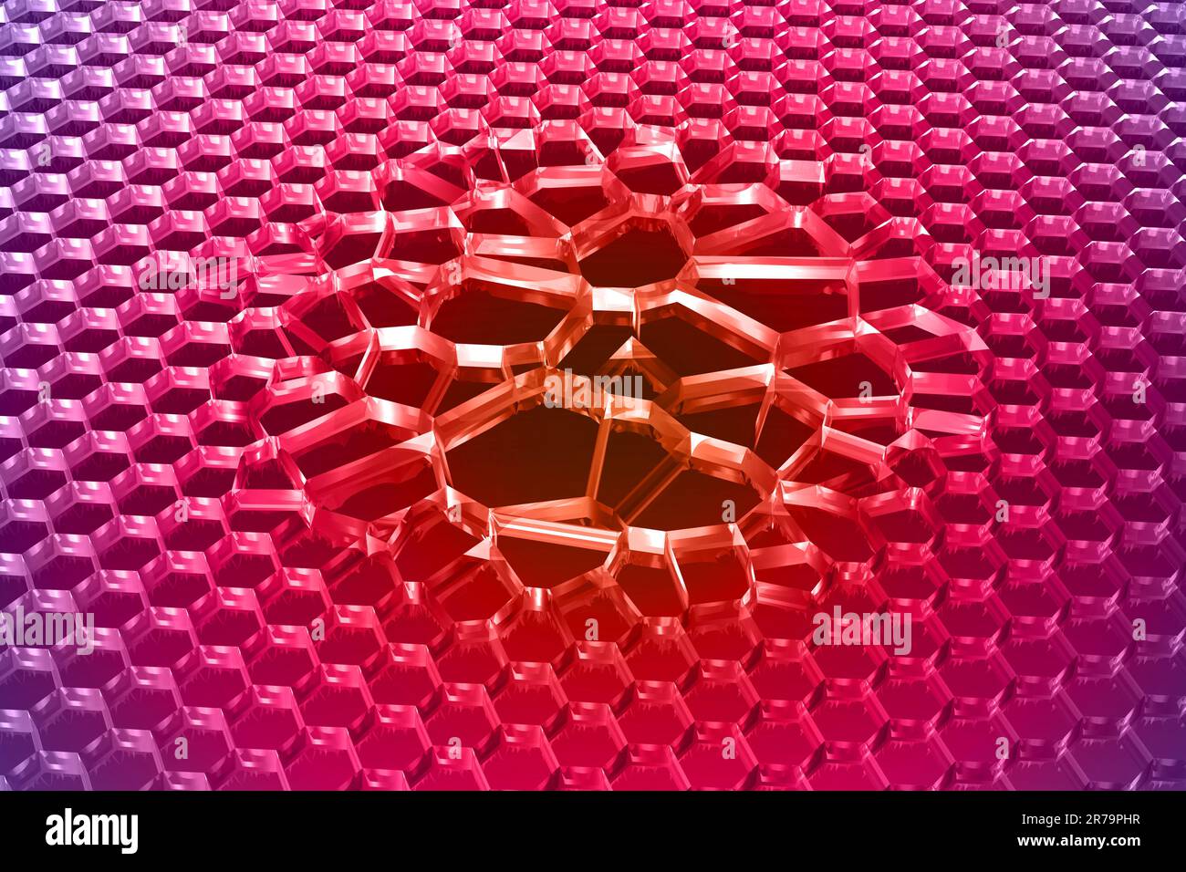Disturbi del grafene, illustrazione concettuale del computer. Il grafene è un allotrope di carbonio disposto in una nanostruttura atomica a reticolo a nido d'ape a strato singolo Foto Stock