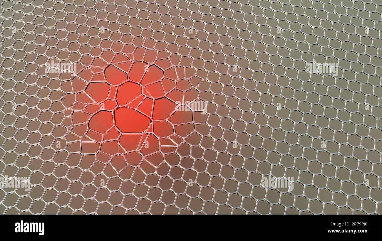 Disturbi del grafene, illustrazione concettuale del computer. Il grafene è un allotrope di carbonio disposto in una nanostruttura atomica a reticolo a nido d'ape a strato singolo Foto Stock