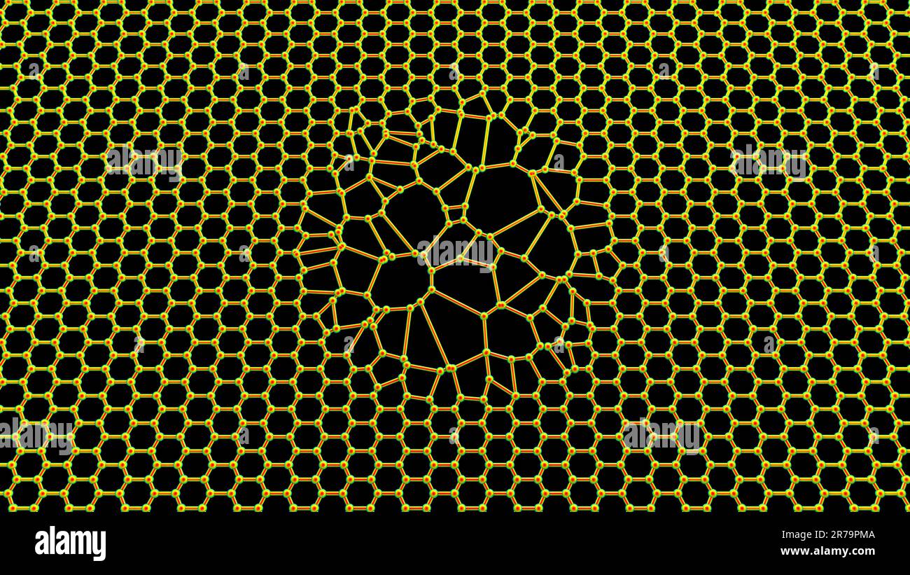 Disturbi del grafene, illustrazione concettuale del computer. Il grafene è un allotrope di carbonio disposto in una nanostruttura atomica a reticolo a nido d'ape a strato singolo Foto Stock
