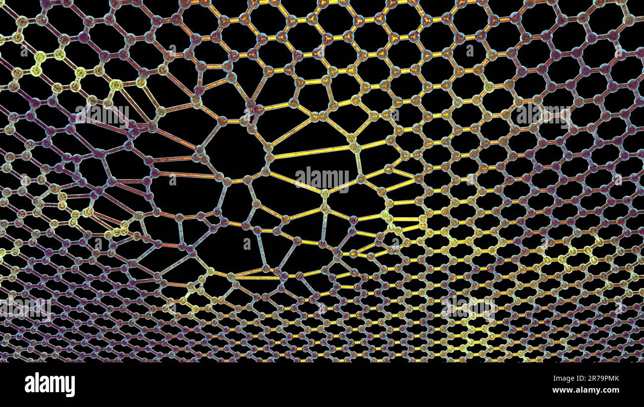 Disturbi del grafene, illustrazione concettuale del computer. Il grafene è un allotrope di carbonio disposto in una nanostruttura atomica a reticolo a nido d'ape a strato singolo Foto Stock