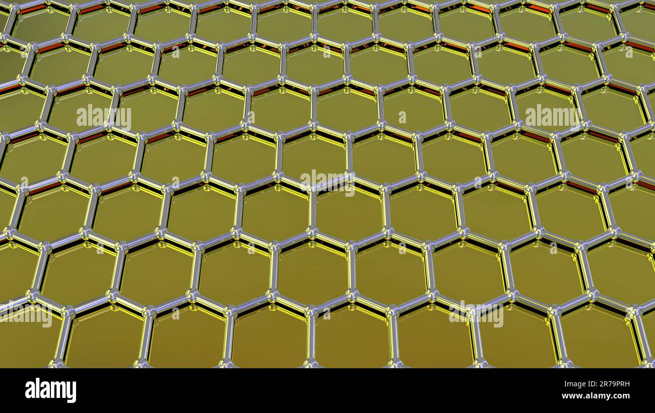 Foglio grafico, illustrazione. Il grafene è un allotrope di carbonio che consiste in un singolo strato di atomi disposti in una nanostruttura reticolare a nido d'ape Foto Stock