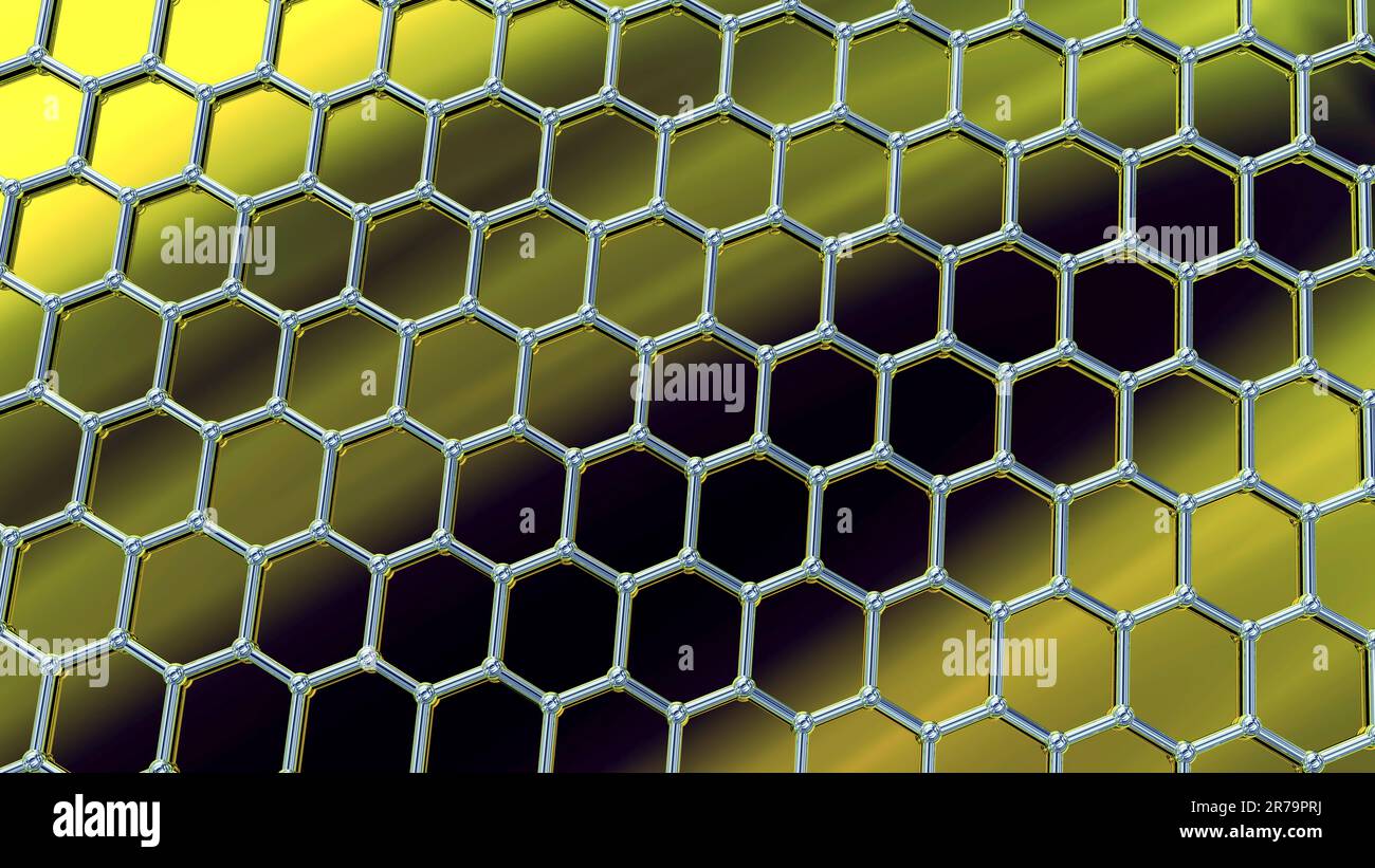 Foglio grafico, illustrazione. Il grafene è un allotrope di carbonio che consiste in un singolo strato di atomi disposti in una nanostruttura reticolare a nido d'ape Foto Stock