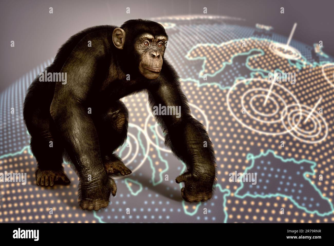 Consapevolezza di Monkeypox. Scimmia su sfondo con mappa della Terra, illustrazione concettuale 3D. Foto Stock