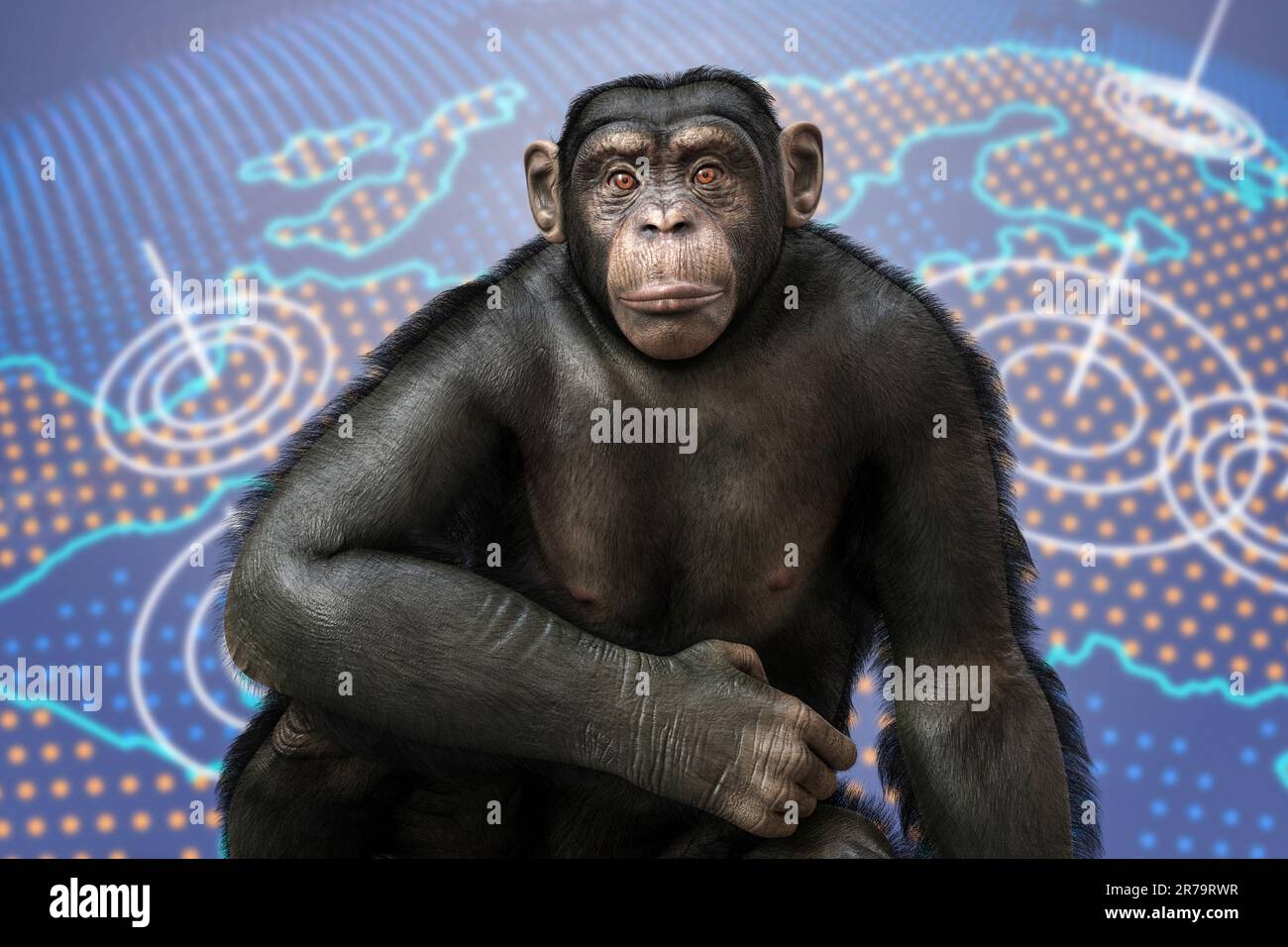 Consapevolezza di Monkeypox. Scimmia seduta sulla mappa della Terra, illustrazione concettuale 3D. Foto Stock