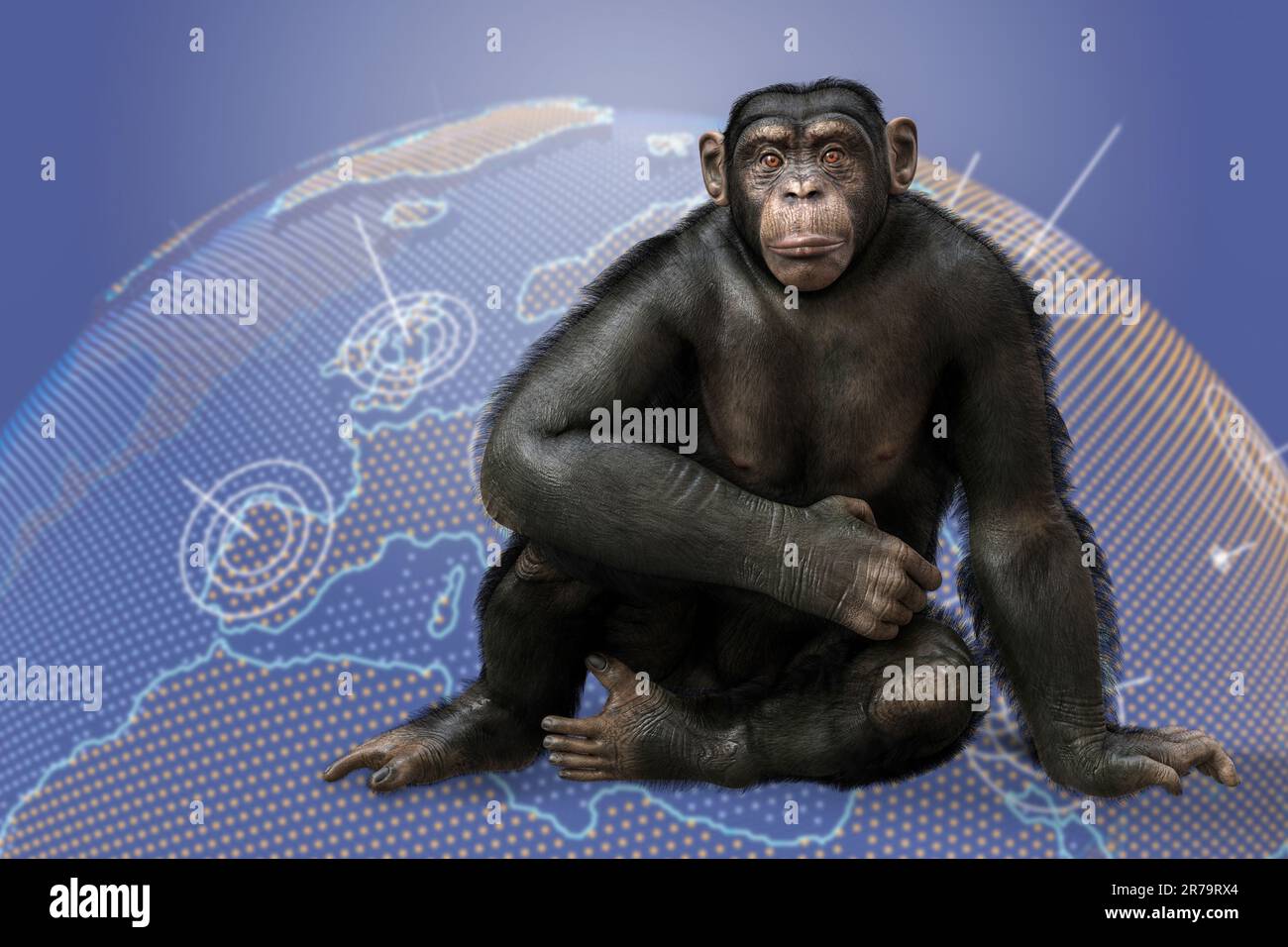 Consapevolezza di Monkeypox. Scimmia seduta sulla mappa della Terra, illustrazione concettuale 3D. Foto Stock