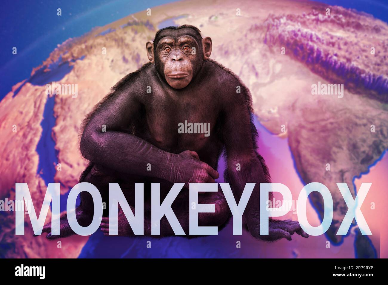 Consapevolezza di Monkeypox. Scimmia seduta sulla mappa terrestre con testo Monkeypox, illustrazione concettuale 3D. Foto Stock