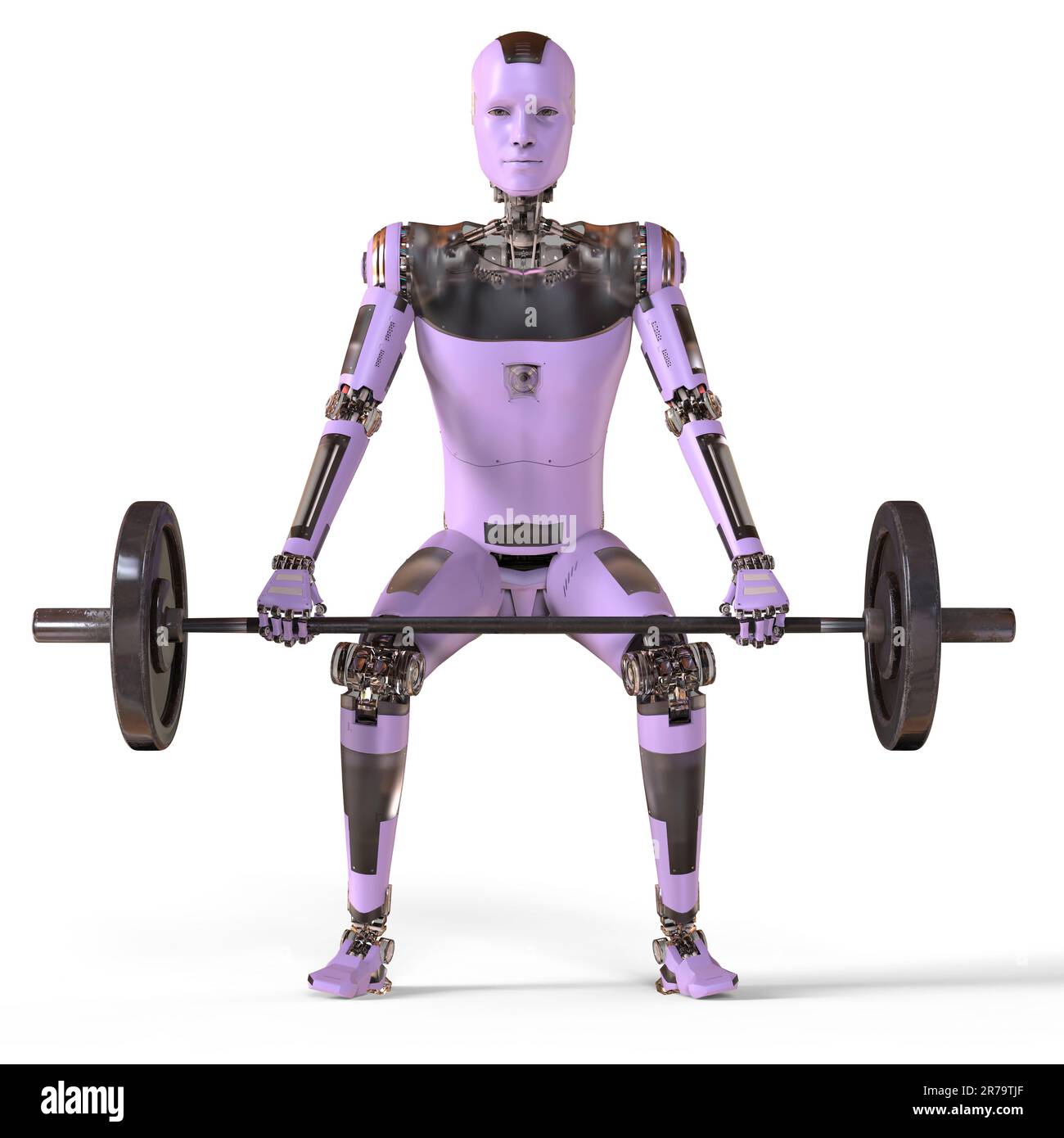 Robot che solleva la campana pesante, illustrazione 3D. Concetto di robot per il sollevamento pesi. Intelligenza artificiale nell'industria e nello sport Foto Stock