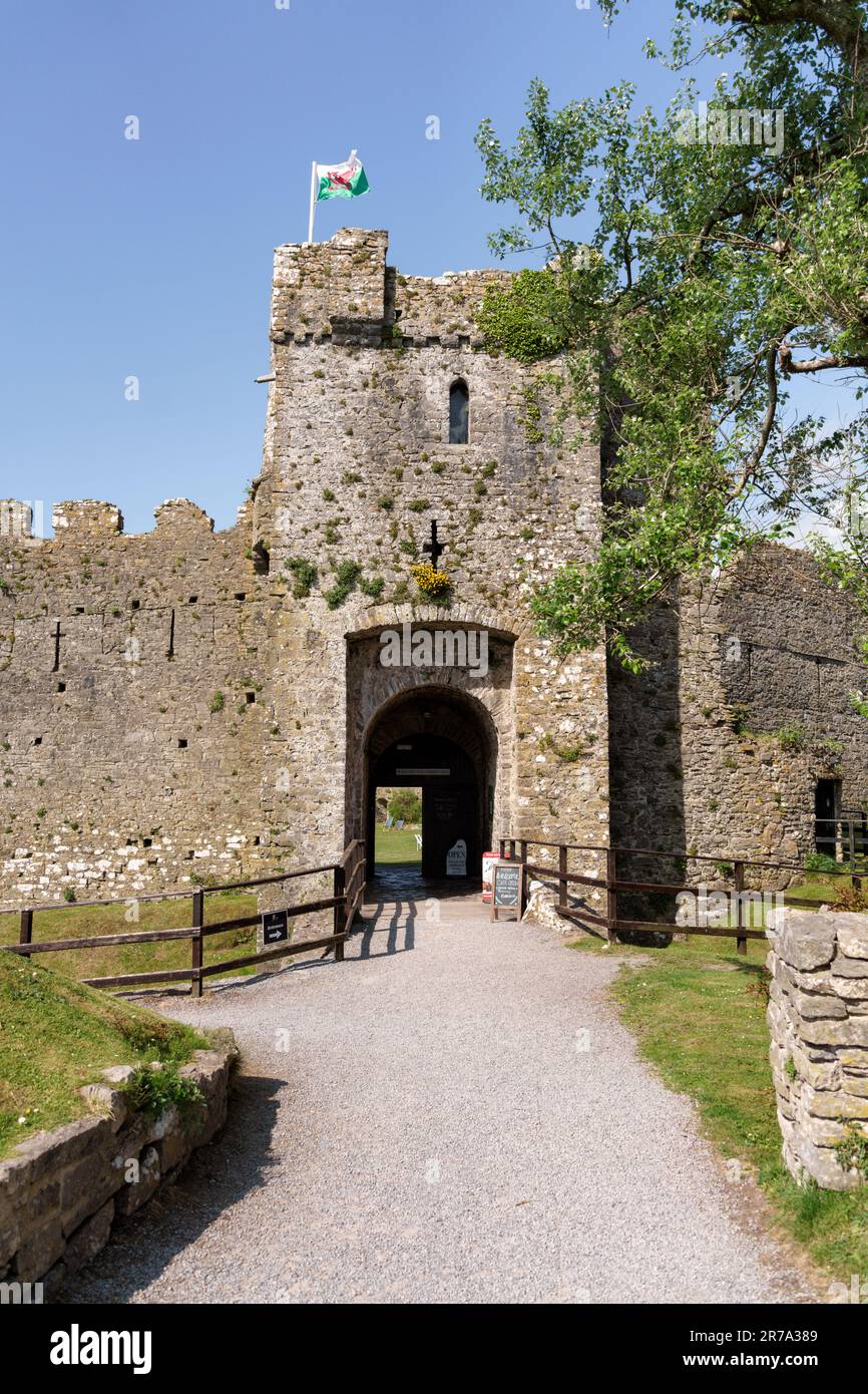 Il castello di Manorbier è un castello di Nrman e si affaccia sulla città di Manorbier nel Pembrokeshire, nel Galles del Sud Foto Stock