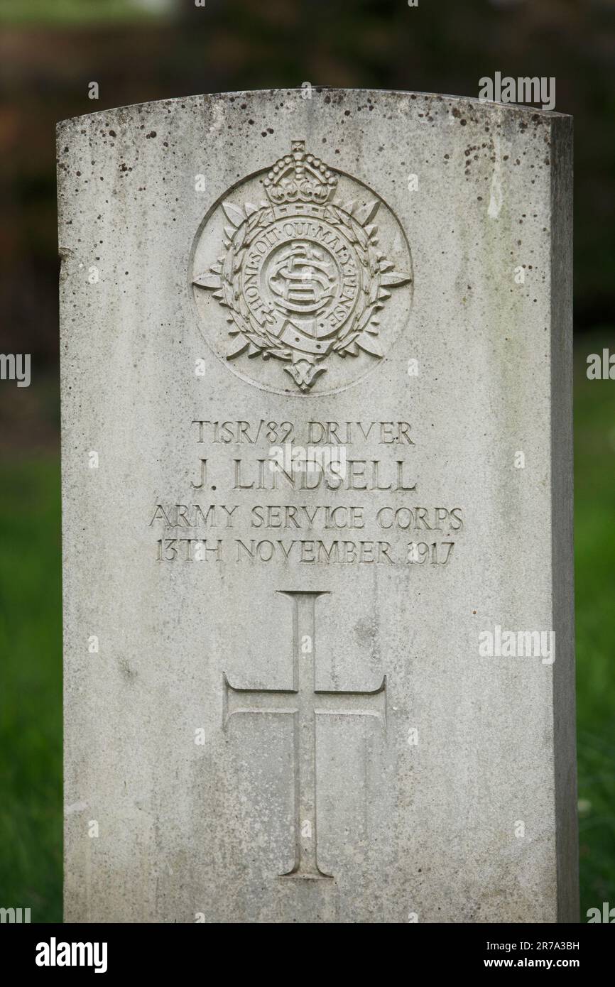 War grave of driver dell'Army Service Corps, J Lindsell 13 novembre 1917 Foto Stock