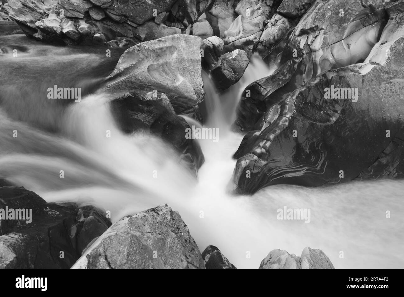 Un primo piano in scala di grigi del fiume Garry che scorre attraverso grandi pietre in una foresta in Highland Perthshire Foto Stock