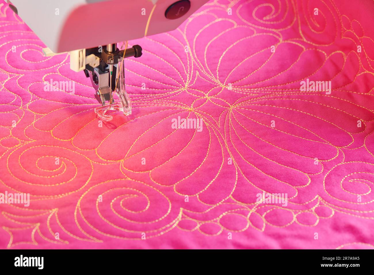 Lavorare la trapuntatura con una macchina elettrica per cucire utilizzando un tecnica di movimento libero Foto Stock