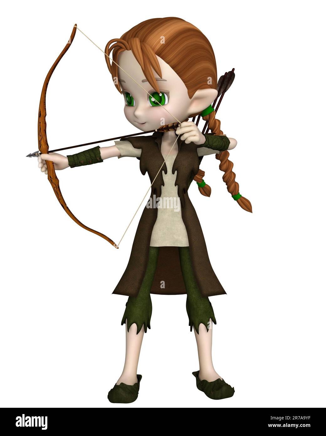 Graziosa Toon Wood Elf Archer Girl che prende la mira Foto Stock