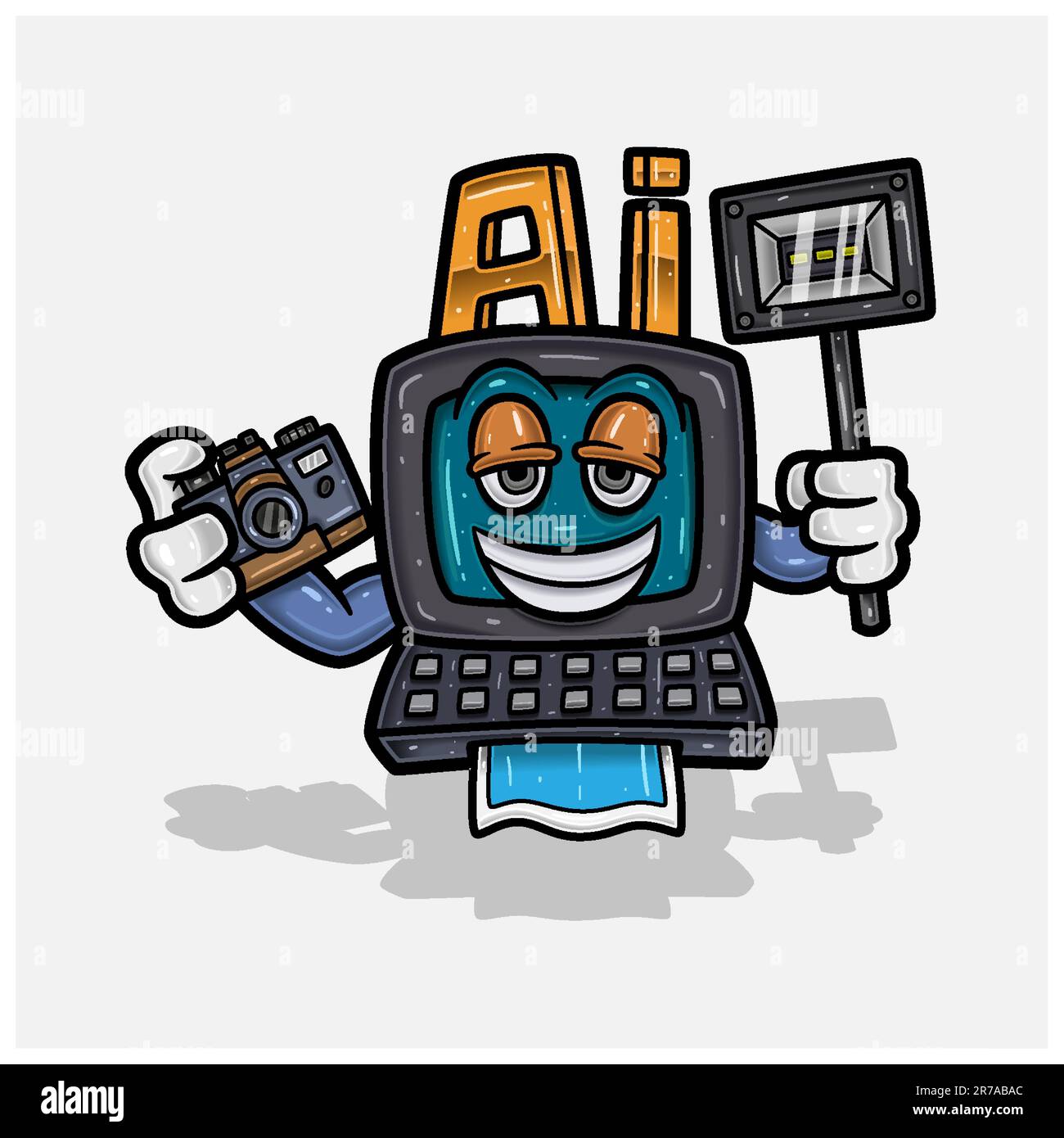 Computer ai Cartoon Character Holding Camera e Flash. Con gradienti semplici. Vettori e caratteri. Illustrazione Vettoriale