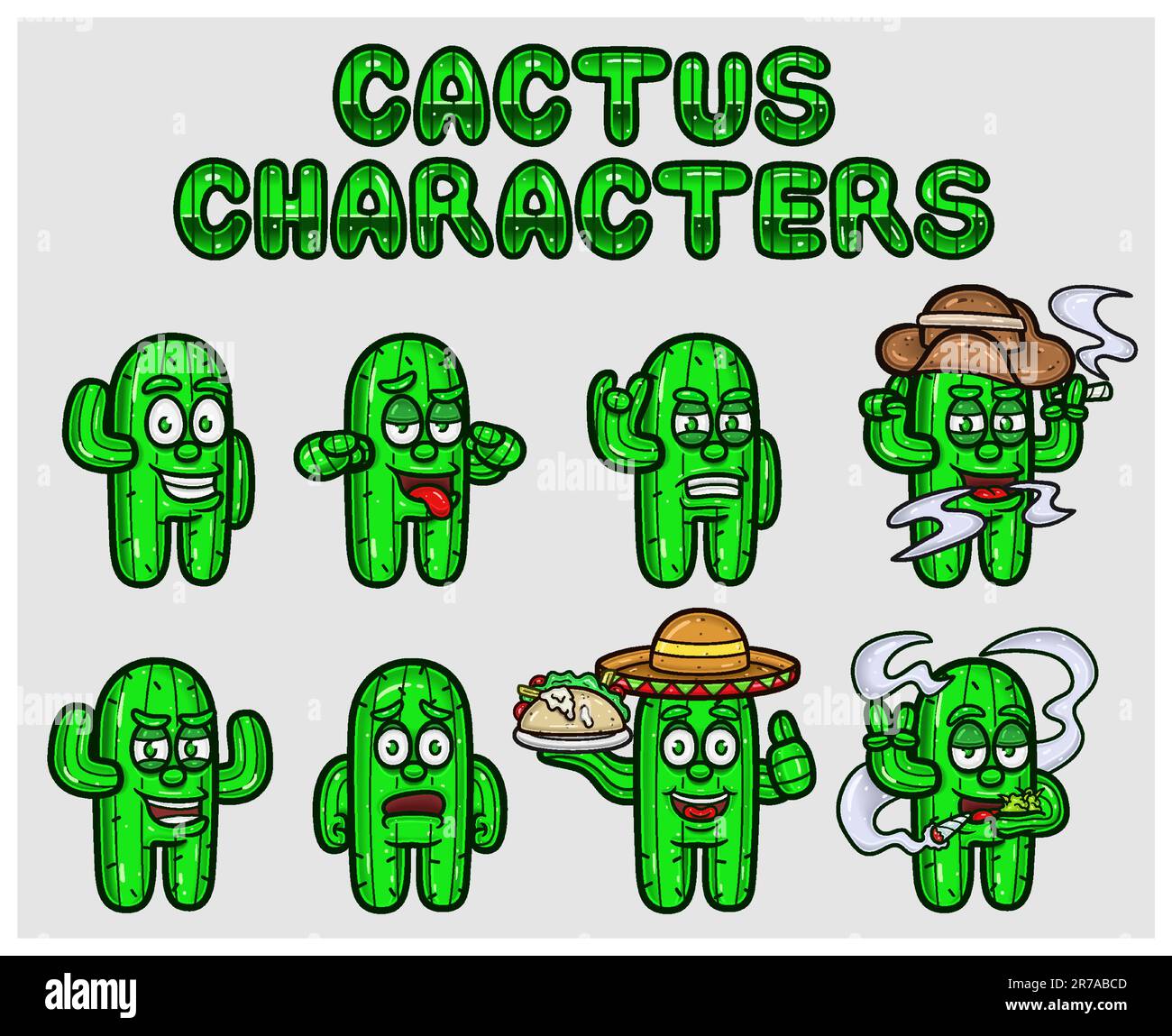 Set di personaggi di Cactus Cartoon Mascot. Con gradienti semplici. Vettori e illustrazioni. Illustrazione Vettoriale