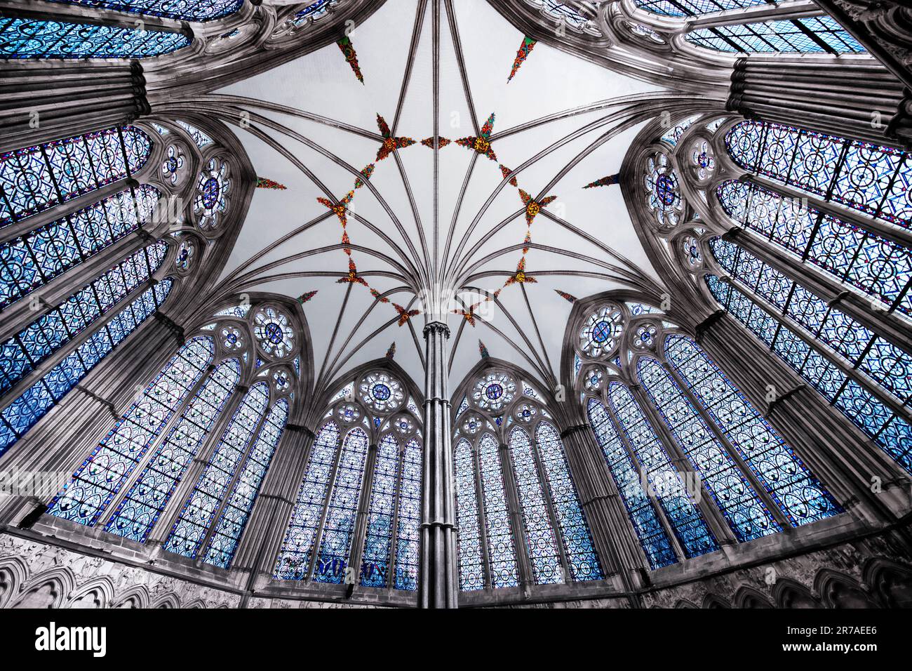 La volta del ventilatore nella casa di capitolo alla cattedrale di Salisbury, Wiltshire, Inghilterra, Regno Unito Foto Stock