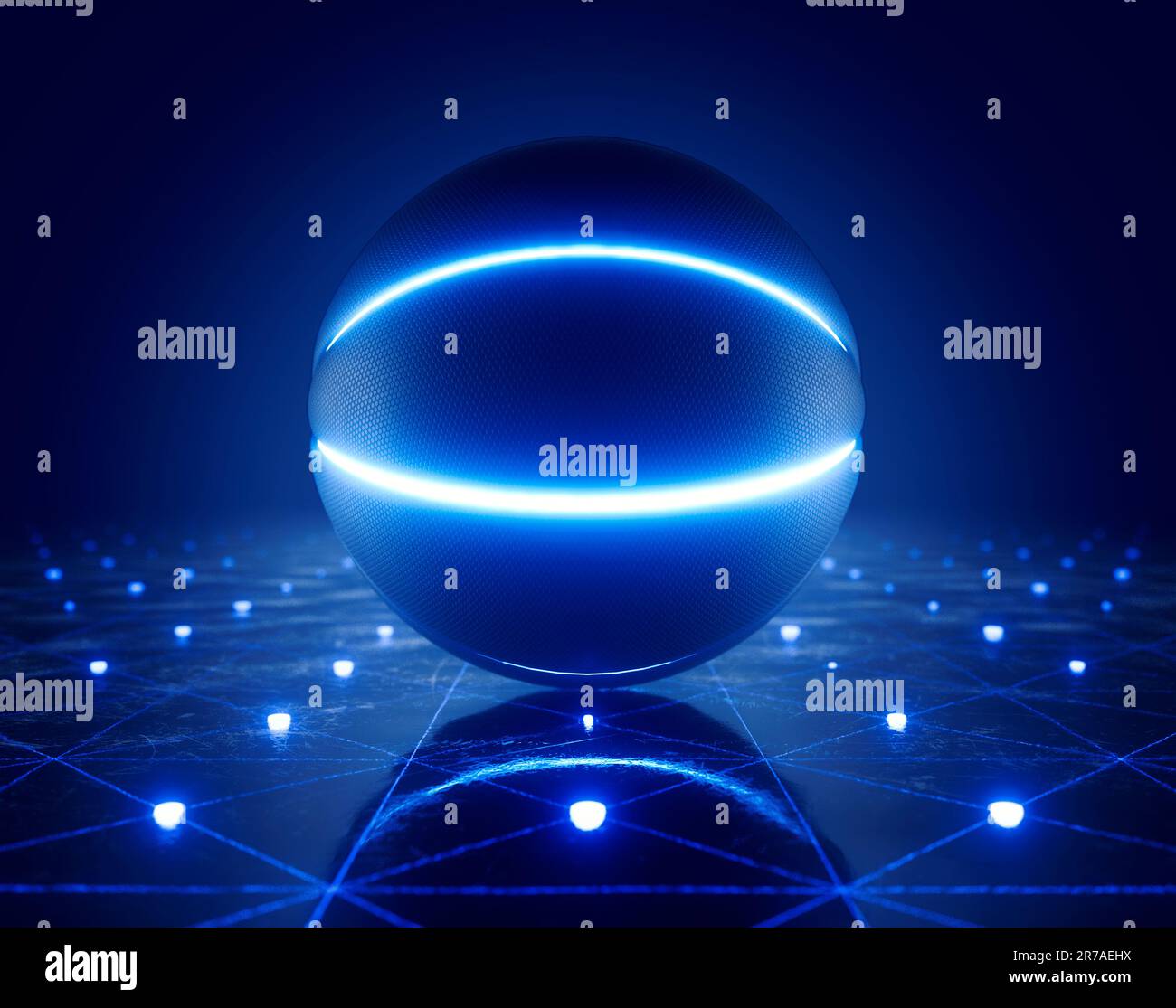 Un concetto sportivo di una futuristica palla da basket illuminata con marcature al neon su un palco di vetro con marcature al neon - rendering 3D Foto Stock