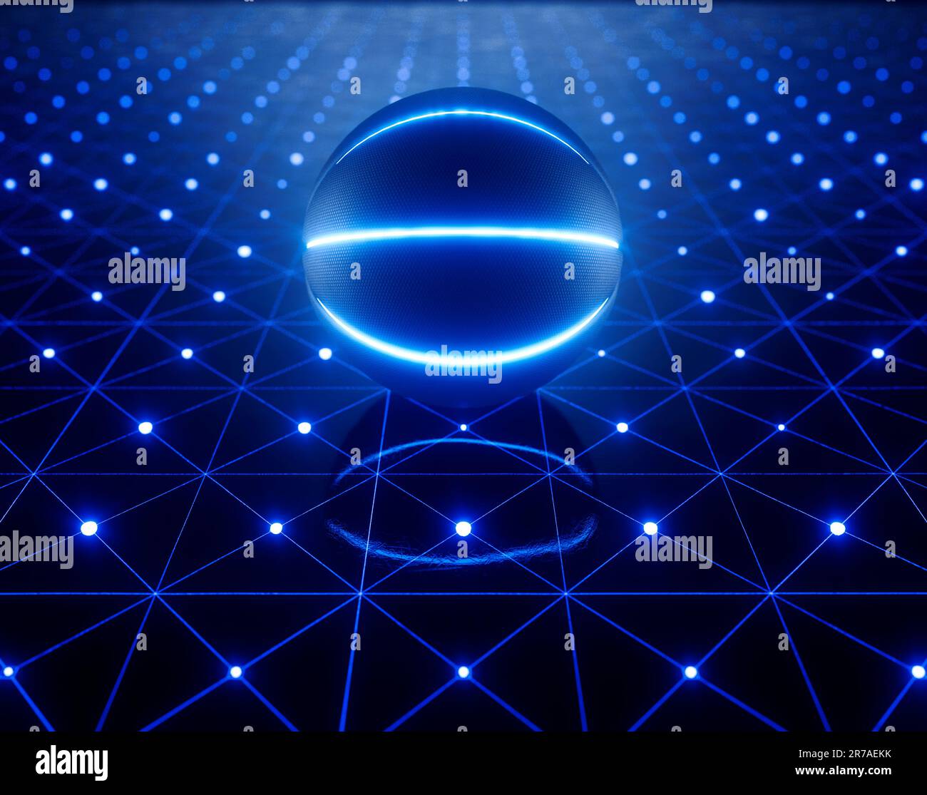 Un concetto sportivo di una futuristica palla da basket illuminata con marcature al neon su un palco di vetro con marcature al neon - rendering 3D Foto Stock