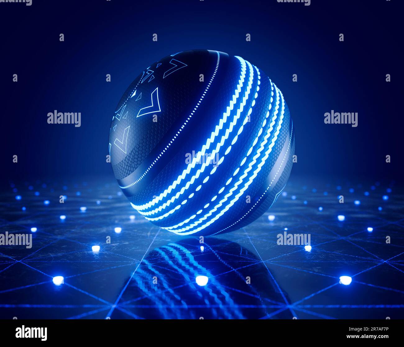 Un concetto sportivo di una futuristica palla di cricket illuminata con marcature al neon su un palco di vetro con marcature al neon - rendering 3D Foto Stock