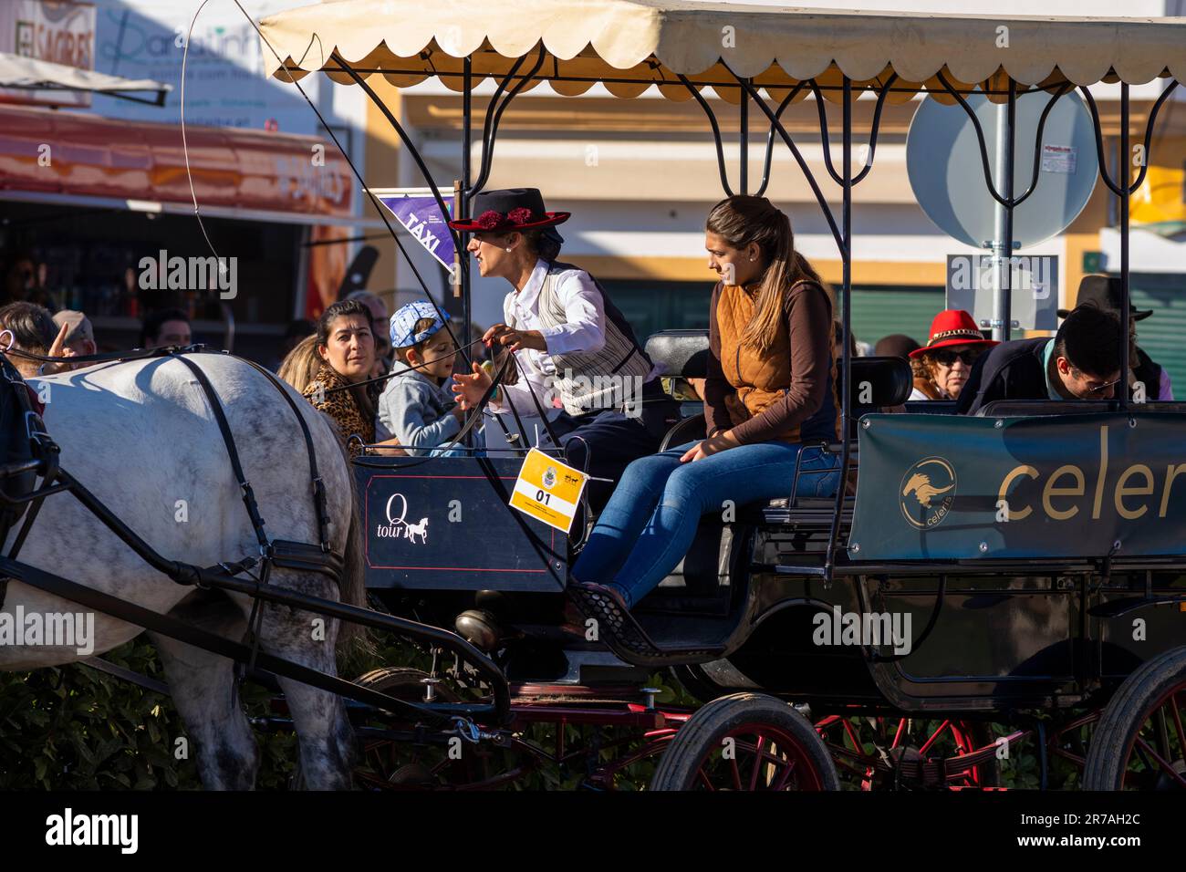 Europa, Portogallo, Regione di Alentejo, Fiera del Cavallo di Golega, carrozza trainata da cavalli che porta i turisti oltre il Largo do Marques de Pombal (Piazza) Foto Stock