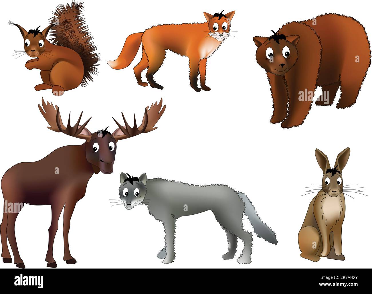 Sei animali europei - scoiattolo, volpe, orso bruno, alce, lupo e lepre - disegnati in modo gentile da bambino Illustrazione Vettoriale
