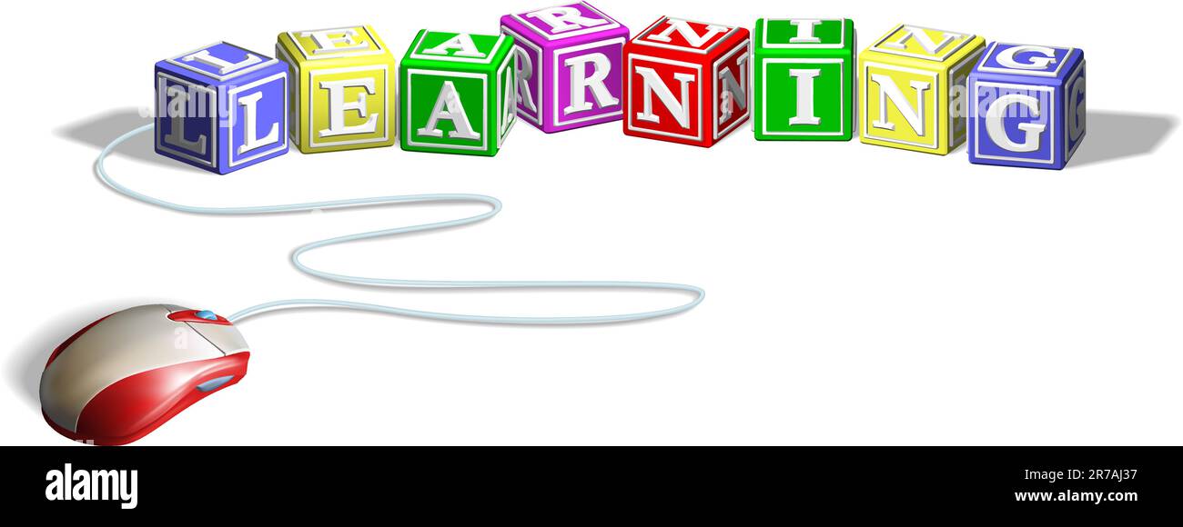 Il mouse collegati all'alfabeto lettera a blocchi che formano la parola di apprendimento. Concetto per l'e-learning. Illustrazione Vettoriale
