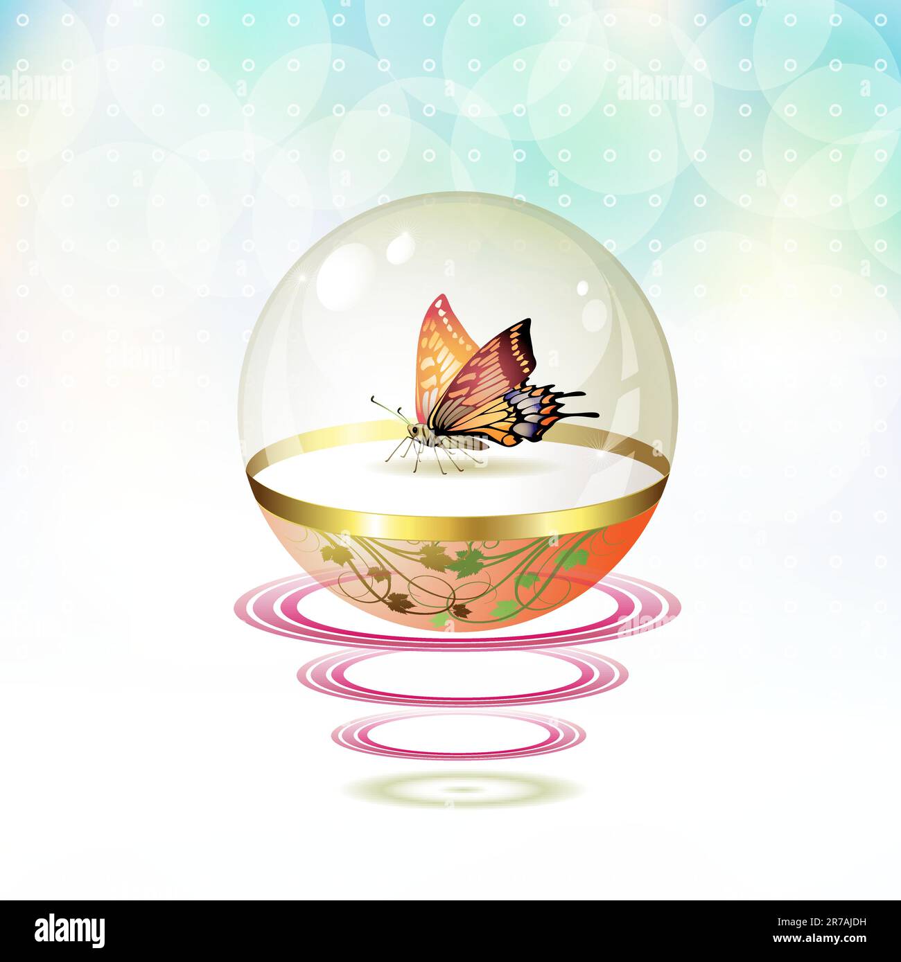Farfalla isolata in globo di vetro sospeso con onde Illustrazione Vettoriale