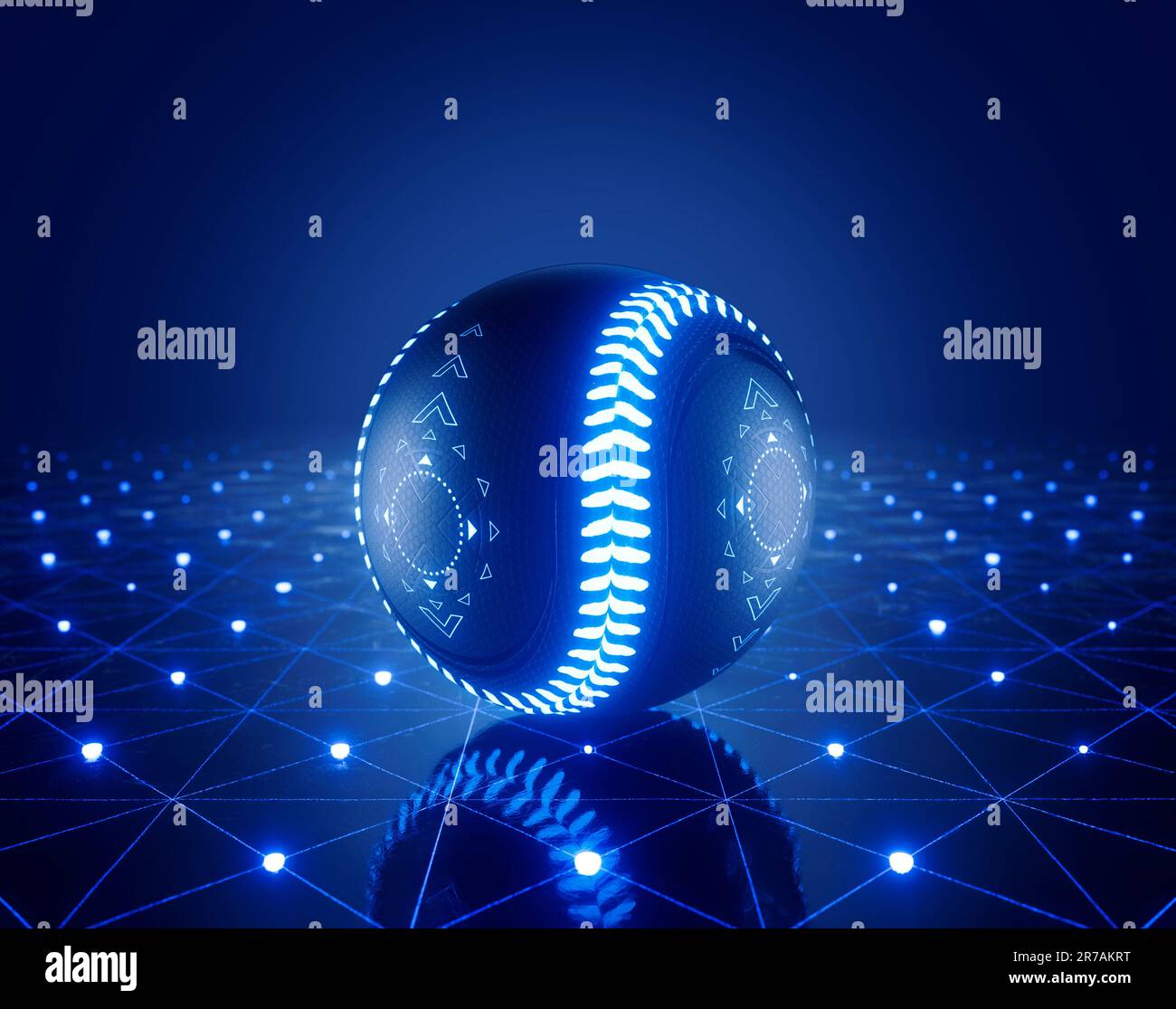 Un concetto sportivo di una futuristica palla da baseball illuminata con marcature al neon su un palco di vetro con marcature al neon - rendering 3D Foto Stock