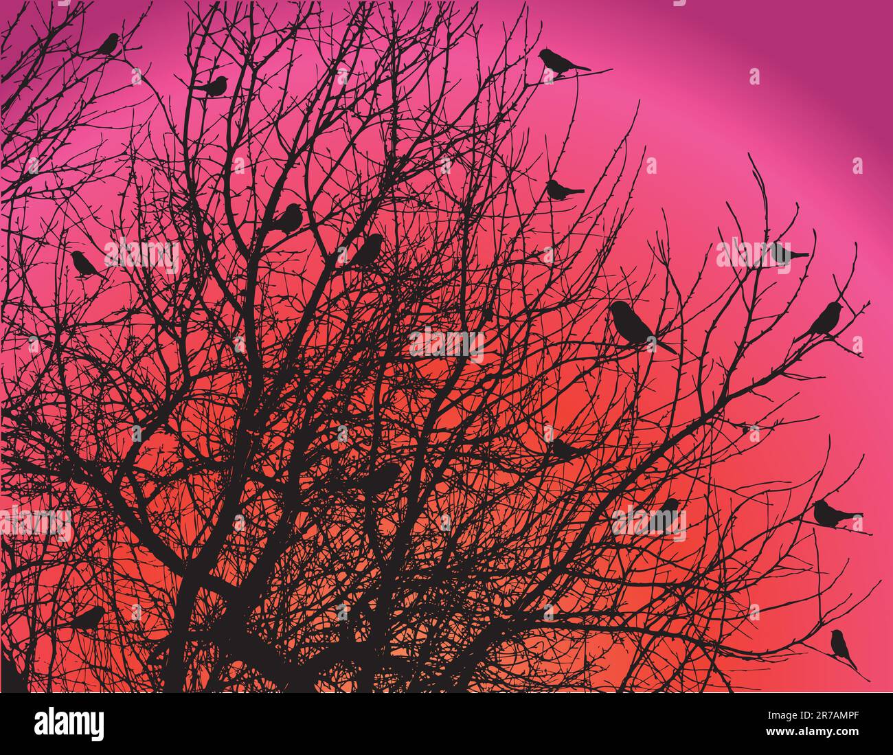 uccelli sui rami degli alberi nel cielo dell'alba Illustrazione Vettoriale