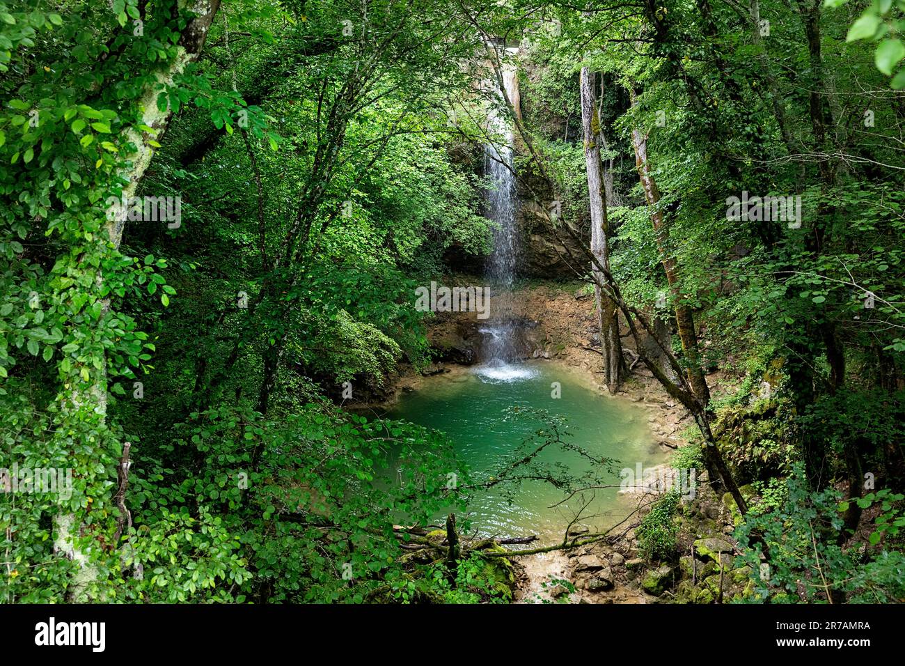 Bella e pittoresca cascata Butori circondata da vegetazione lussureggiante con piccolo lago turchese in fondo all'abisso, Motovun, Croazia Foto Stock