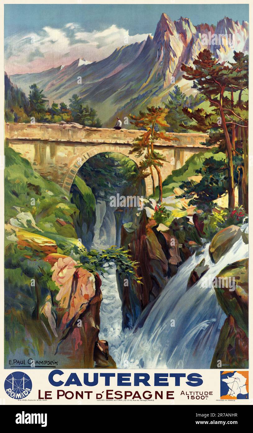 Cauterets. Le Pont d'Espagne di E. Paul Champseix (1890-1983). Poster pubblicato nel 1937 in Francia. Foto Stock