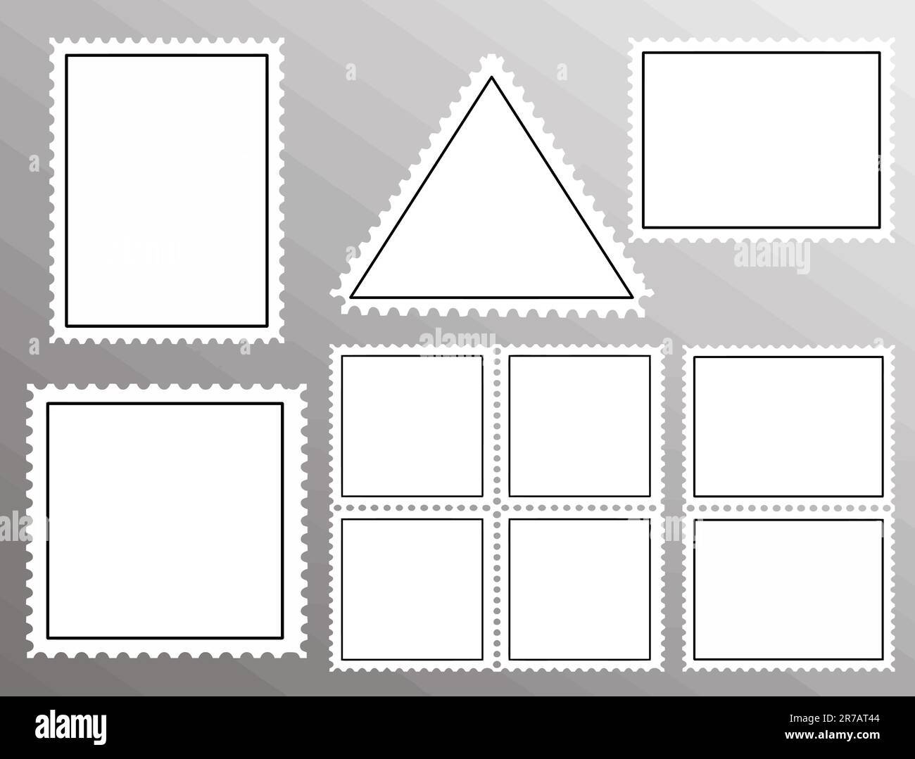 Serie vettoriale di francobolli vuoti isolati su sfondo grigio, illustrazione vettoriale Illustrazione Vettoriale