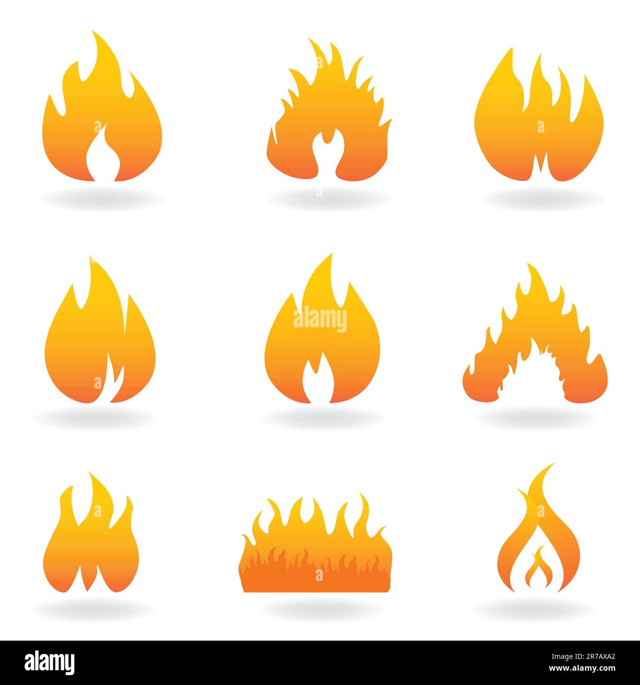 Set di icone con vari simboli di fiamma e fuoco Illustrazione Vettoriale