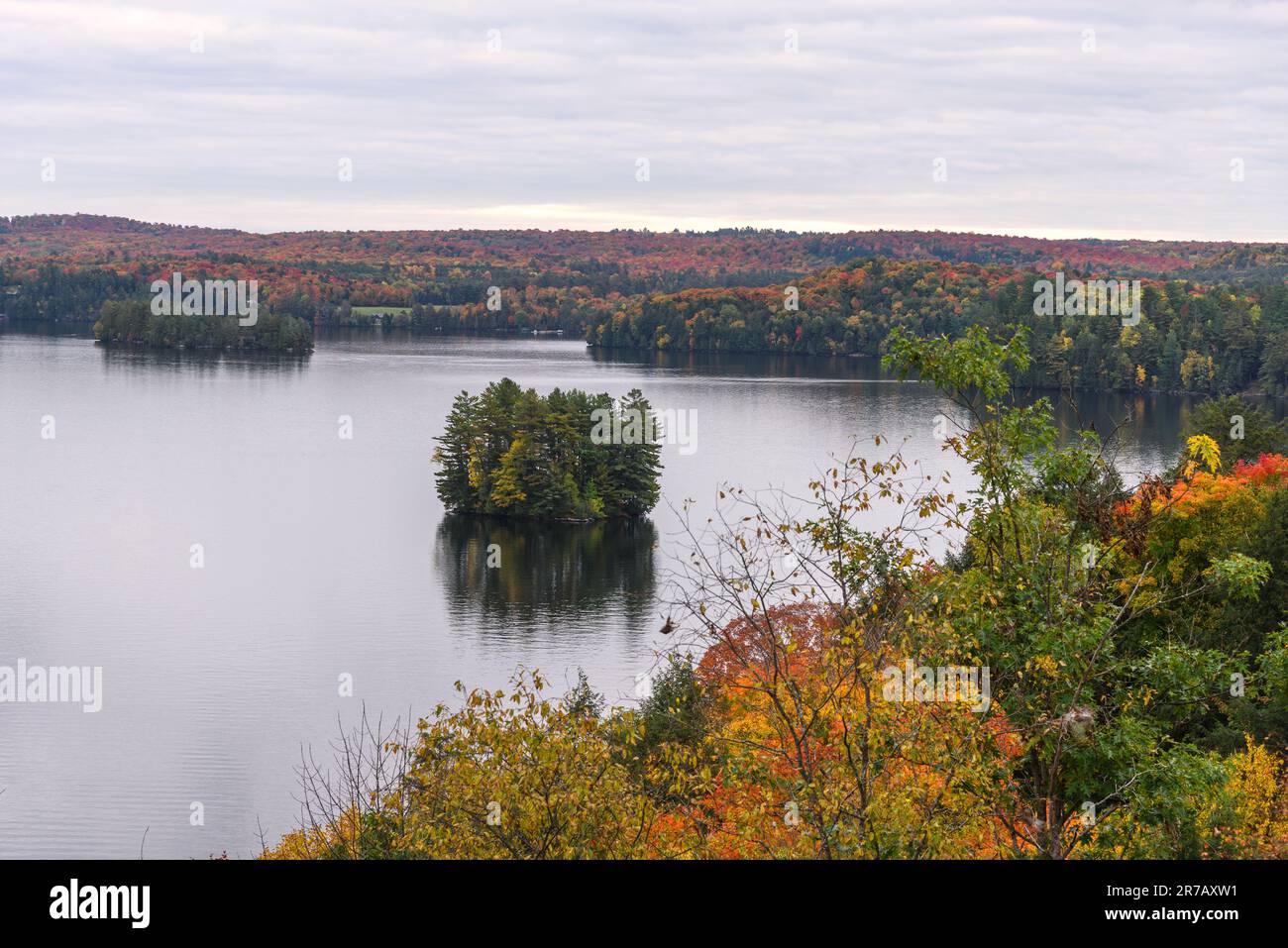 Rive boscose di un lago al picco del fogliame di caduta in un giorno nuvoloso autunno Foto Stock
