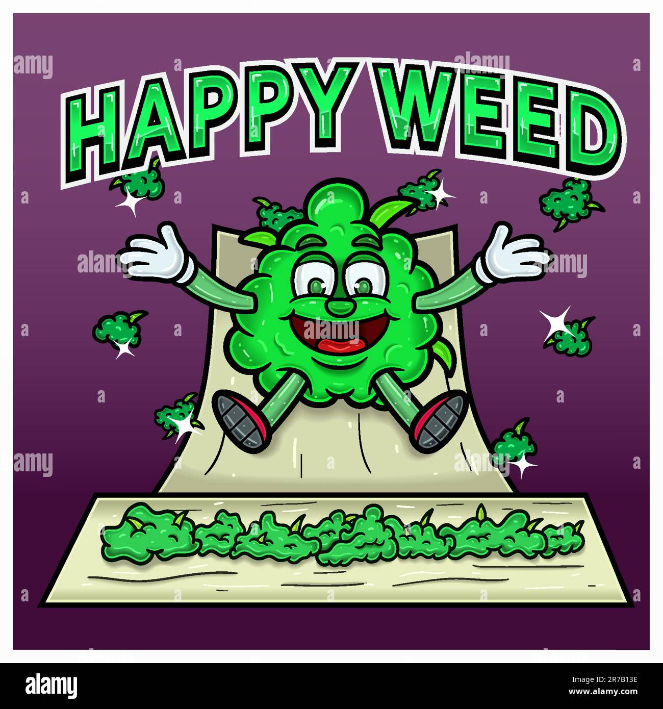 Cartone animato Mascot of Weed Bud on Cigarette Paper, Happy Weed and Slide Down. Perfetto per etichette, coperture, imballaggi e design dei prodotti. Illustrazione Vettoriale