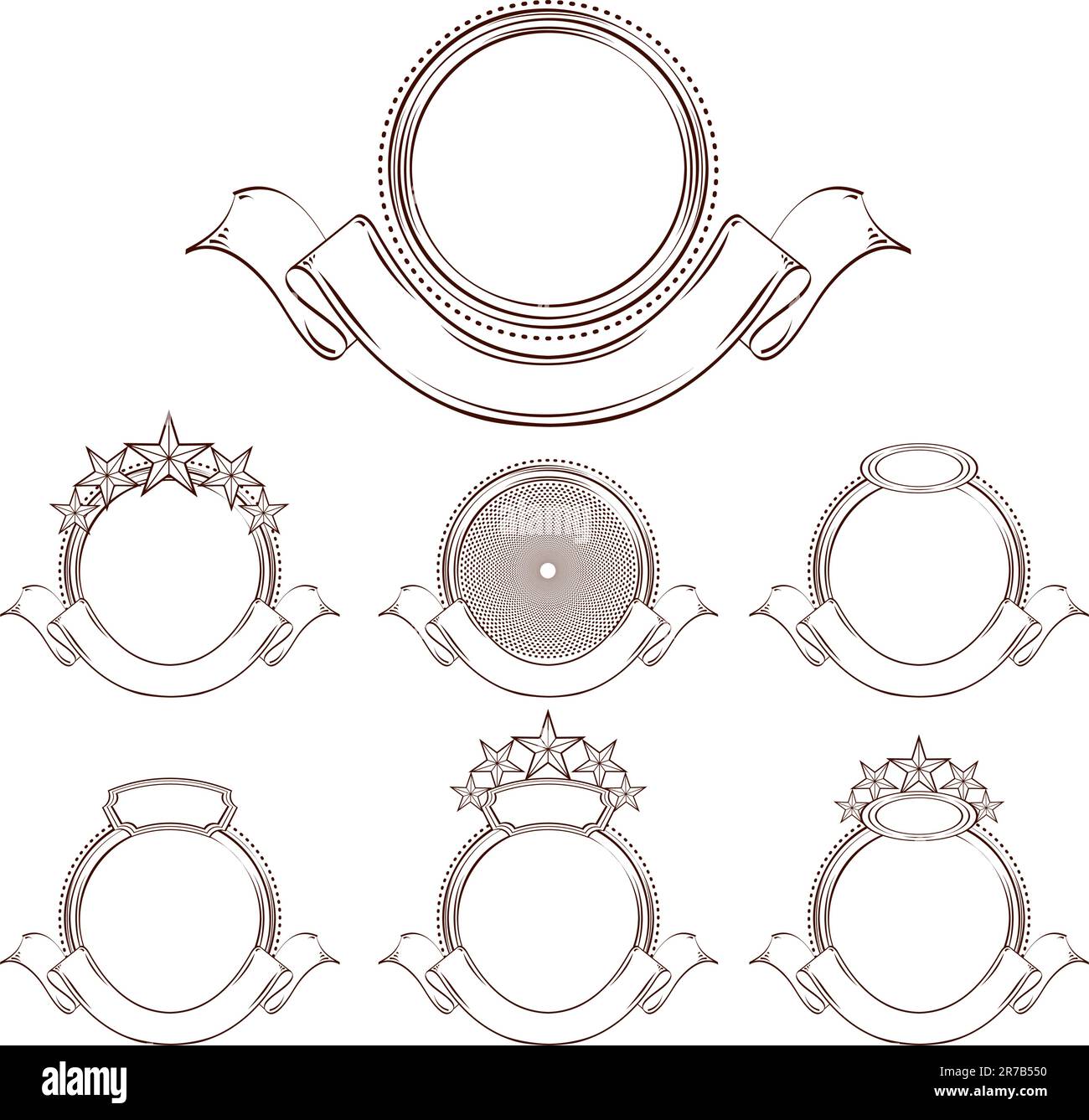 Set di emblemi rotondi. Cerchi emblemi con nastri, stelle e luoghi per il nome dell'azienda. Stile classico. Versioni con contorno a un colore Illustrazione Vettoriale