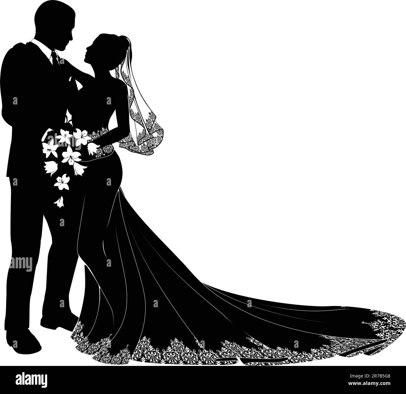 La sposa e lo sposo il giorno delle nozze circa a baciare in silhouette Illustrazione Vettoriale