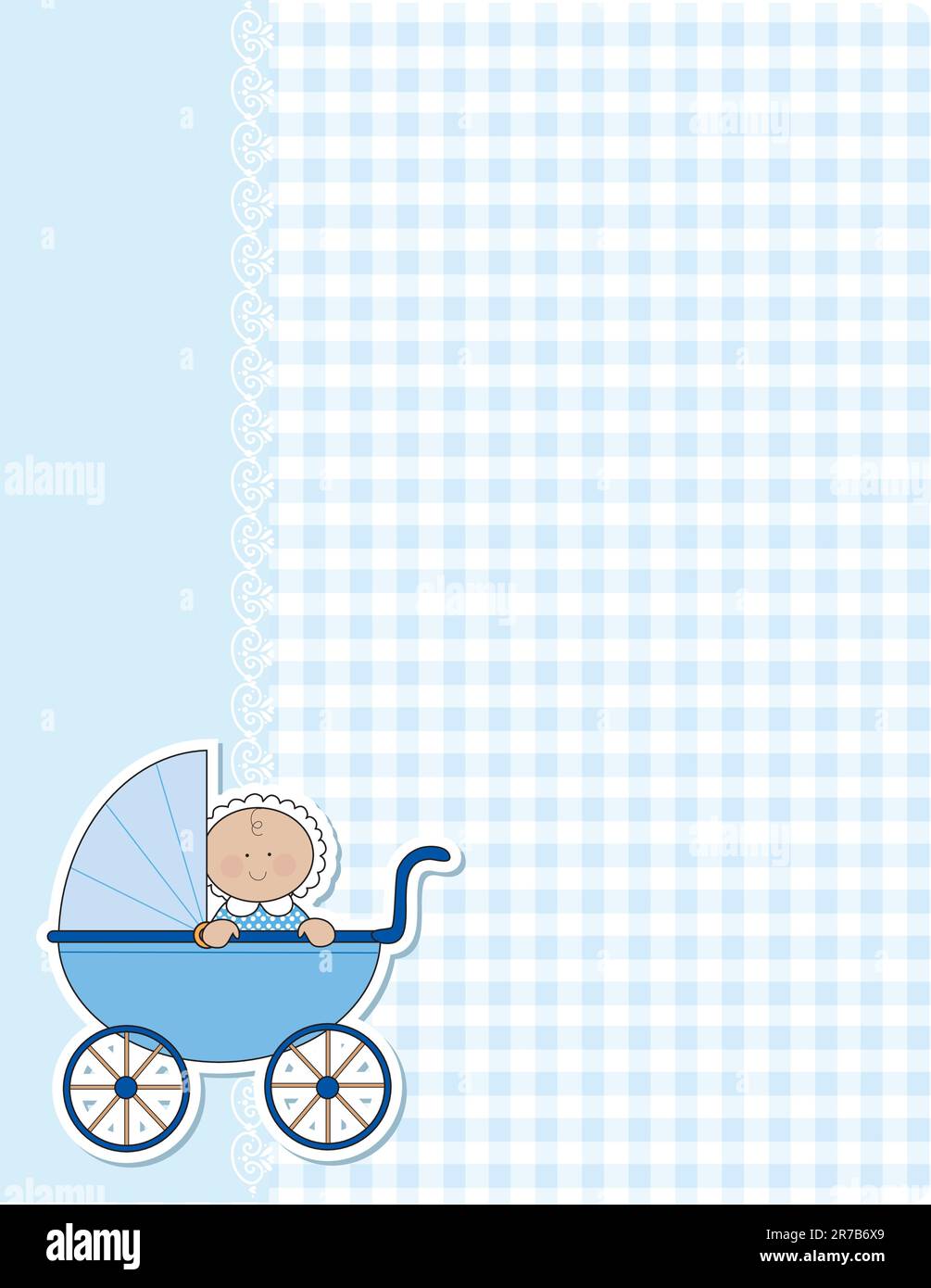 Uno sfondo per l'arrivo di un nuovo bambino. Il Vichy blu, il pizzo e un bambino su una carrozza blu sono presenti in questo design Illustrazione Vettoriale