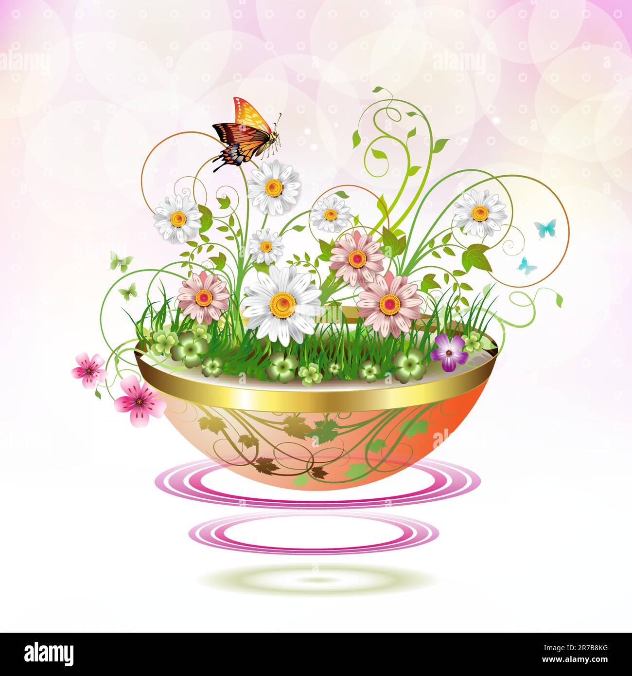 Fiori in vaso di fiori sospesi e farfalle Illustrazione Vettoriale