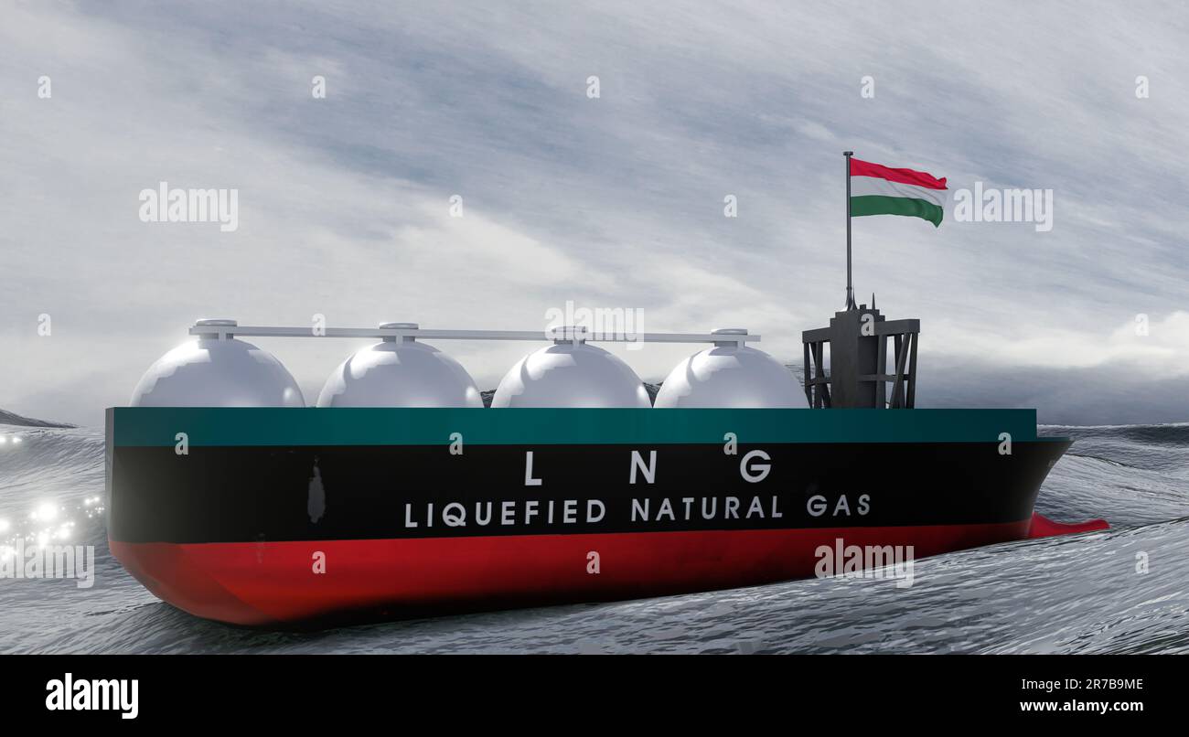Gas naturale liquefatto Ungheria, riserva di gas Ungheria, serbatoio di stoccaggio GNL, serbatoio di gas naturale Ungheria con bandiera Ungheria, sanzione sul gas, 3D lavori e 3D Foto Stock