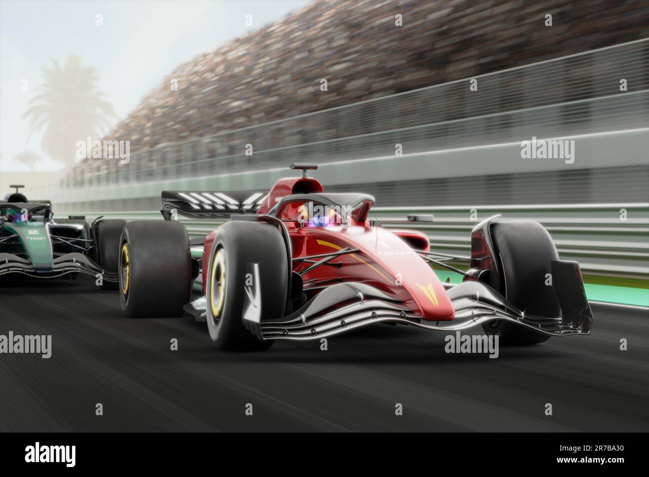 Formula uno auto da corsa in pista senza alcun marchio - rendering 3D Foto Stock