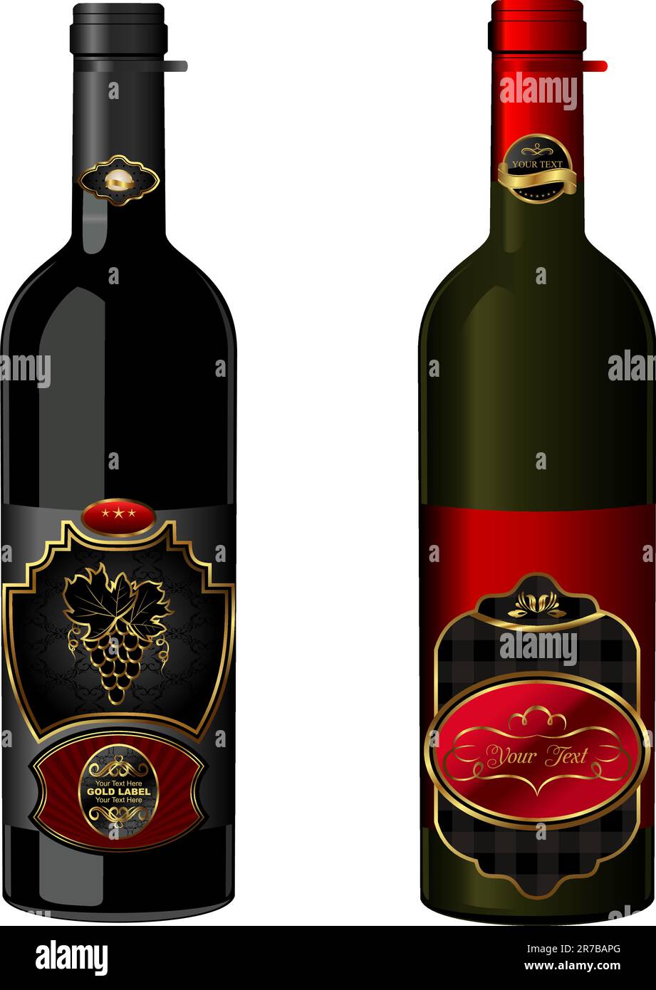 Immagine di bottiglie di vino con etichette d'annata attaccate isolate su sfondo bianco - vettore Illustrazione Vettoriale