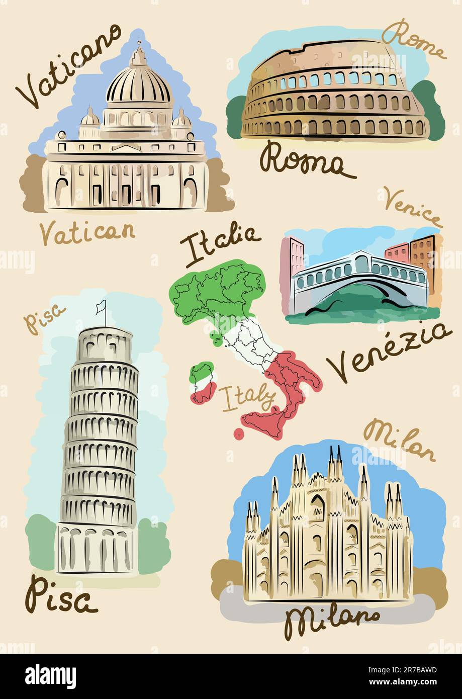 Le attrazioni dell'Italia sono disegnate in stile acquerello. Illustrazione Vettoriale