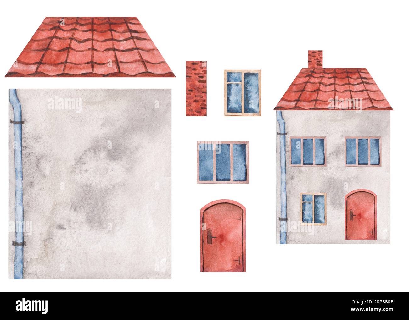 Casa acquerello con una porta e finestre, un tetto piastrellato, scale e vasi da fiori. Set di elementi su sfondo bianco. Illustrazione per cartoline, libri Foto Stock