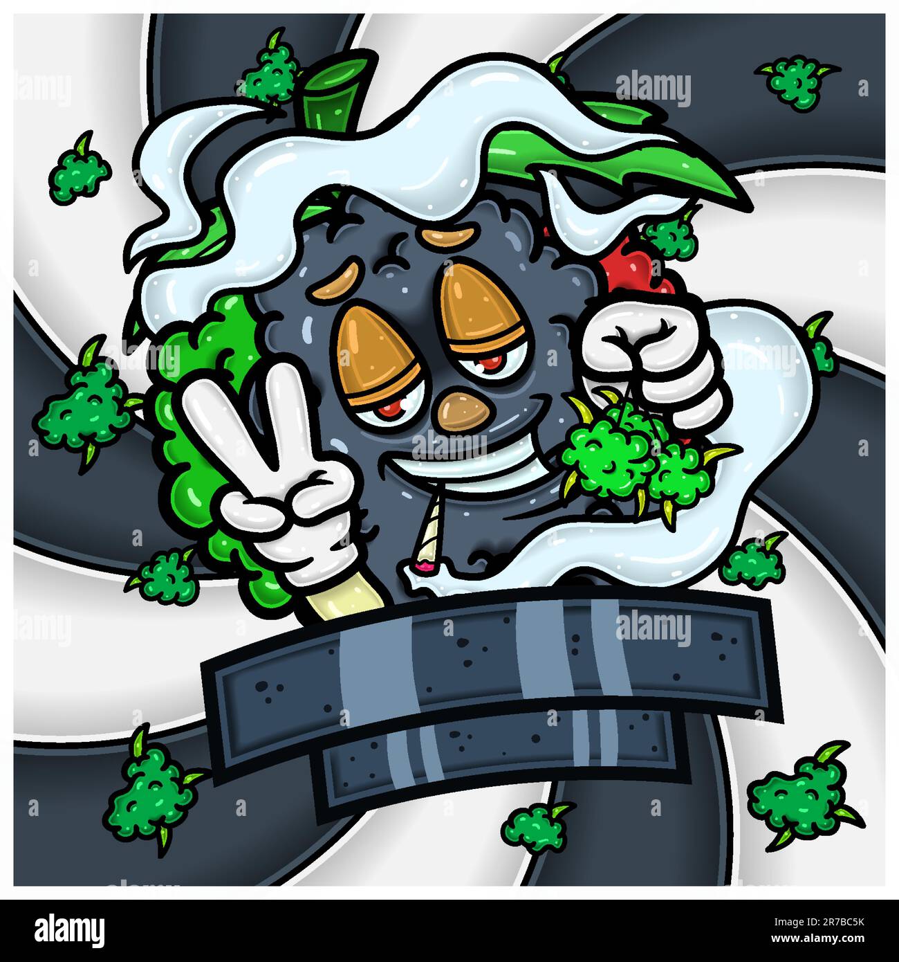 Cartone animato con carattere Mascot e aroma di lampone con design di imballaggio Weed Bud. Per etichetta, imballaggio, prodotto, copertina e Branding. Illustrazione Vettoriale