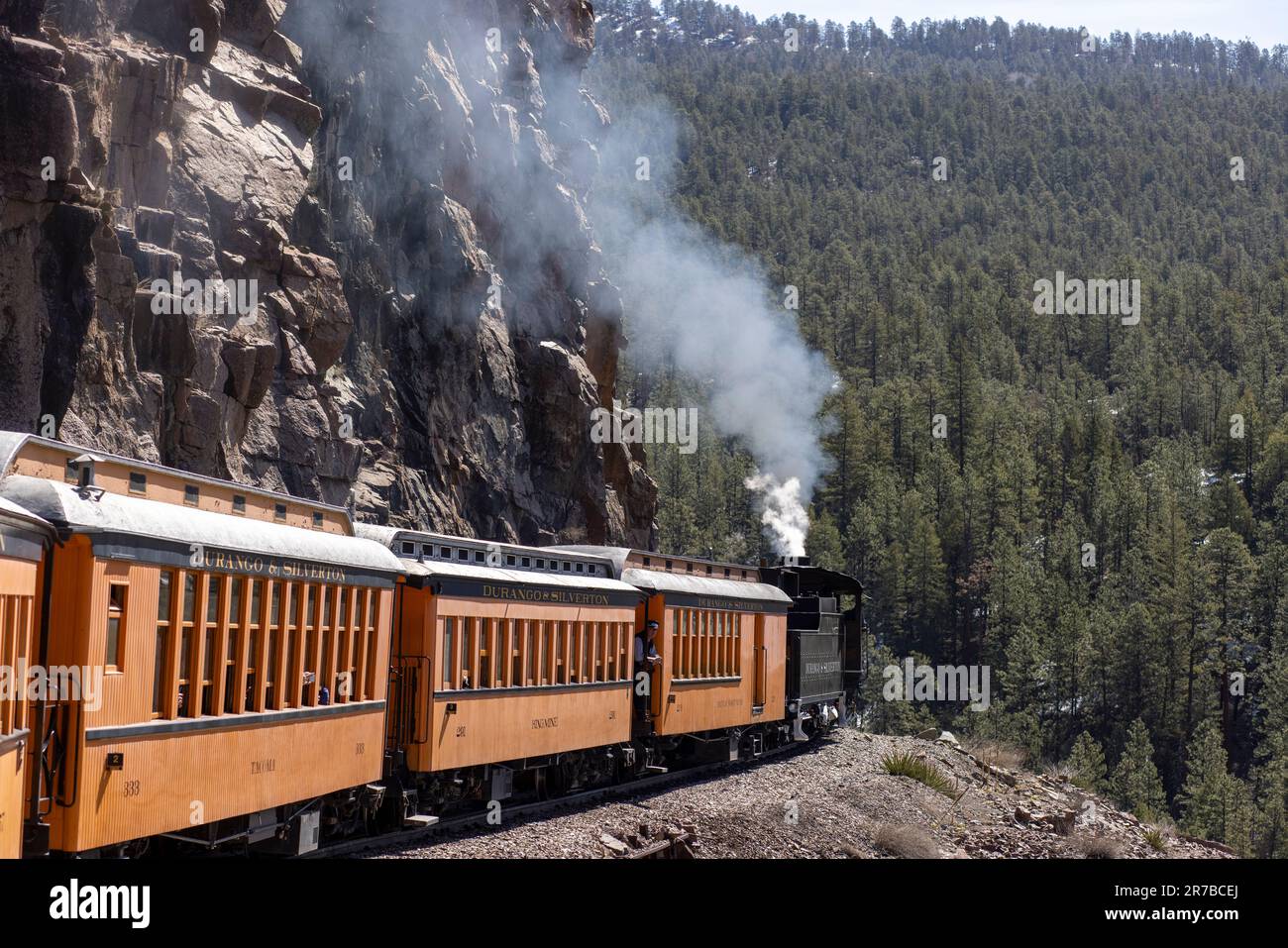La ferrovia a scartamento ridotto Durango & Silverton trasporta i passeggeri attraverso il paesaggio montano della San Juan National Forest in Colorado. Foto Stock