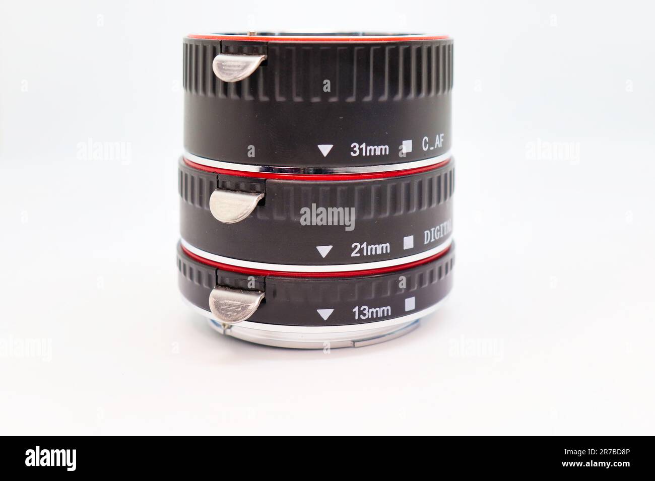 tubi di prolunga macro generici su sfondo bianco per la fotografia Foto Stock