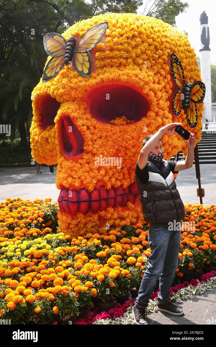 Un giovane uomo prende un selfie di fronte a un cranio gigante coperto di fiori di Marigold messicani e farfalle monarca in mostra per celebrare la Giornata dei morti al Parco Chapultepec, 29 ottobre 2022 a Città del Messico, Messico. Foto Stock